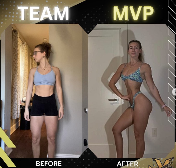 MVP client before and after physique transformation, bikini competitor